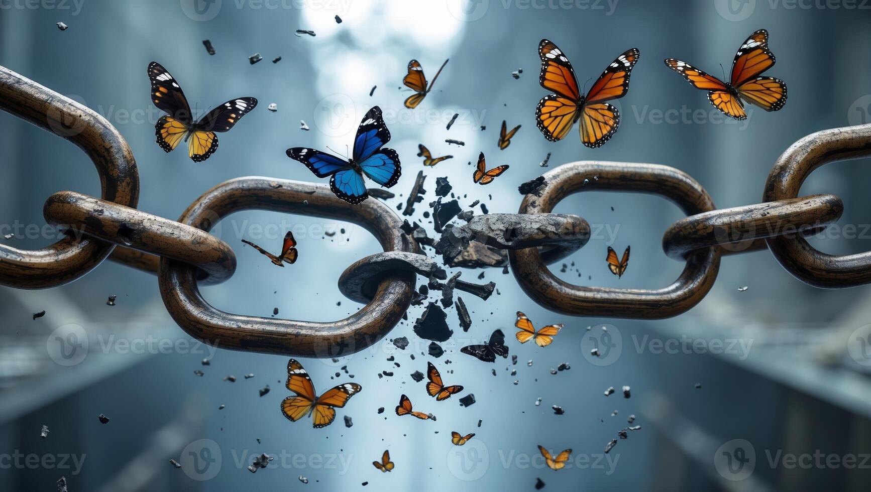 Colorful butterflies emerging from a broken chain in a dreamlike environment during daylight photo