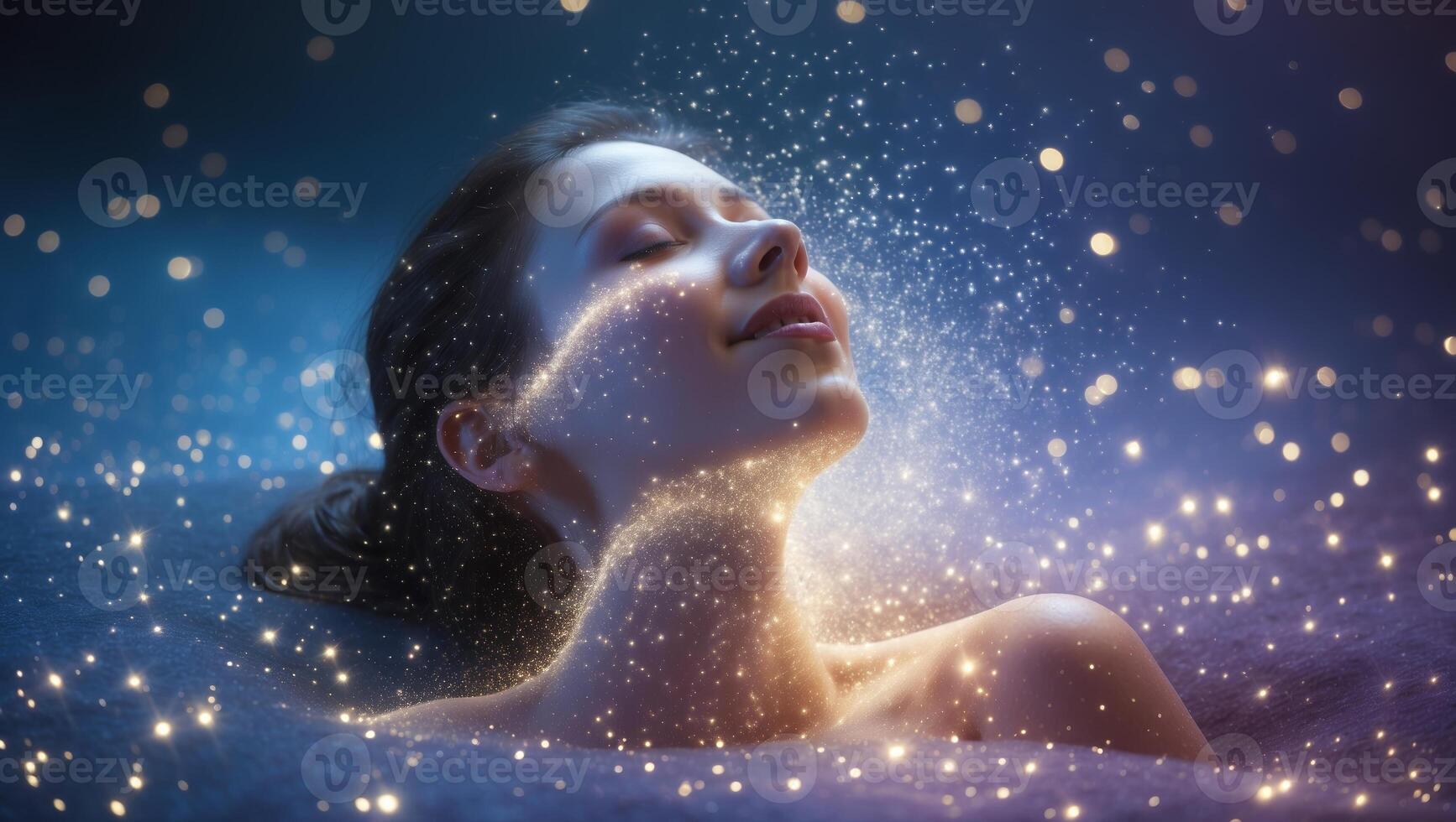 Woman surrounded by glowing particles in a serene atmosphere at twilight photo