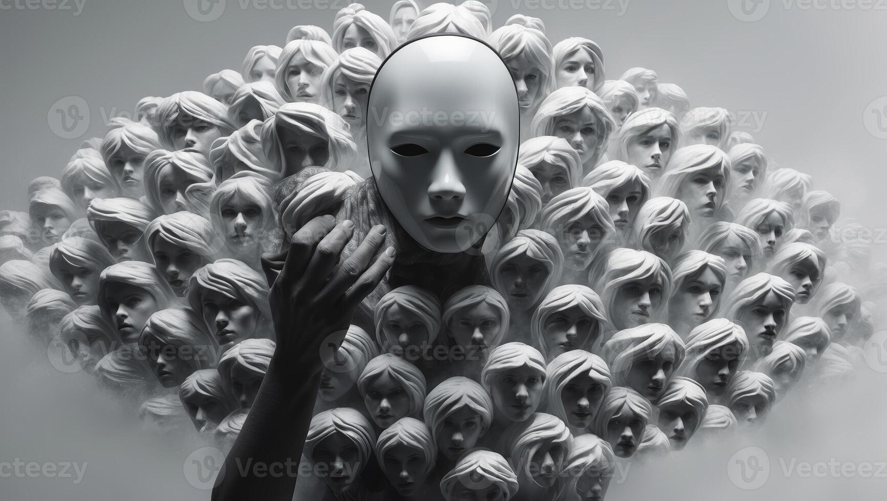 Masked figures surround a central face in an artistic display evoking themes of identity and perception photo