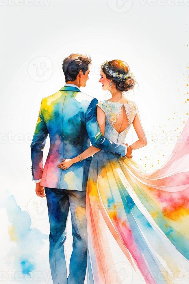 Couples in vibrant watercolor art celebrate their wedding day with love and joy photo