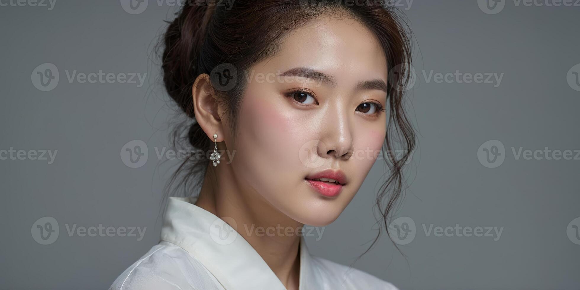 Elegant woman wearing traditional attire poses gracefully with soft expression against neutral backdrop photo