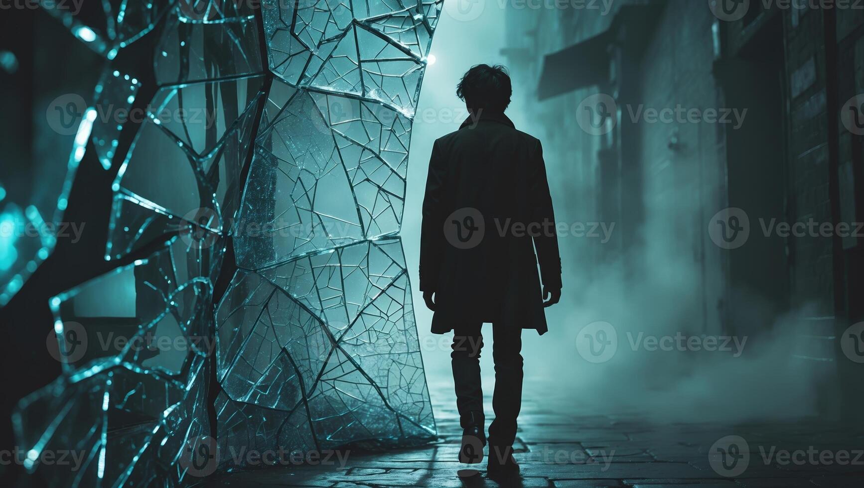 Mysterious figure walks through cracked glass in an eerie urban environment at night photo