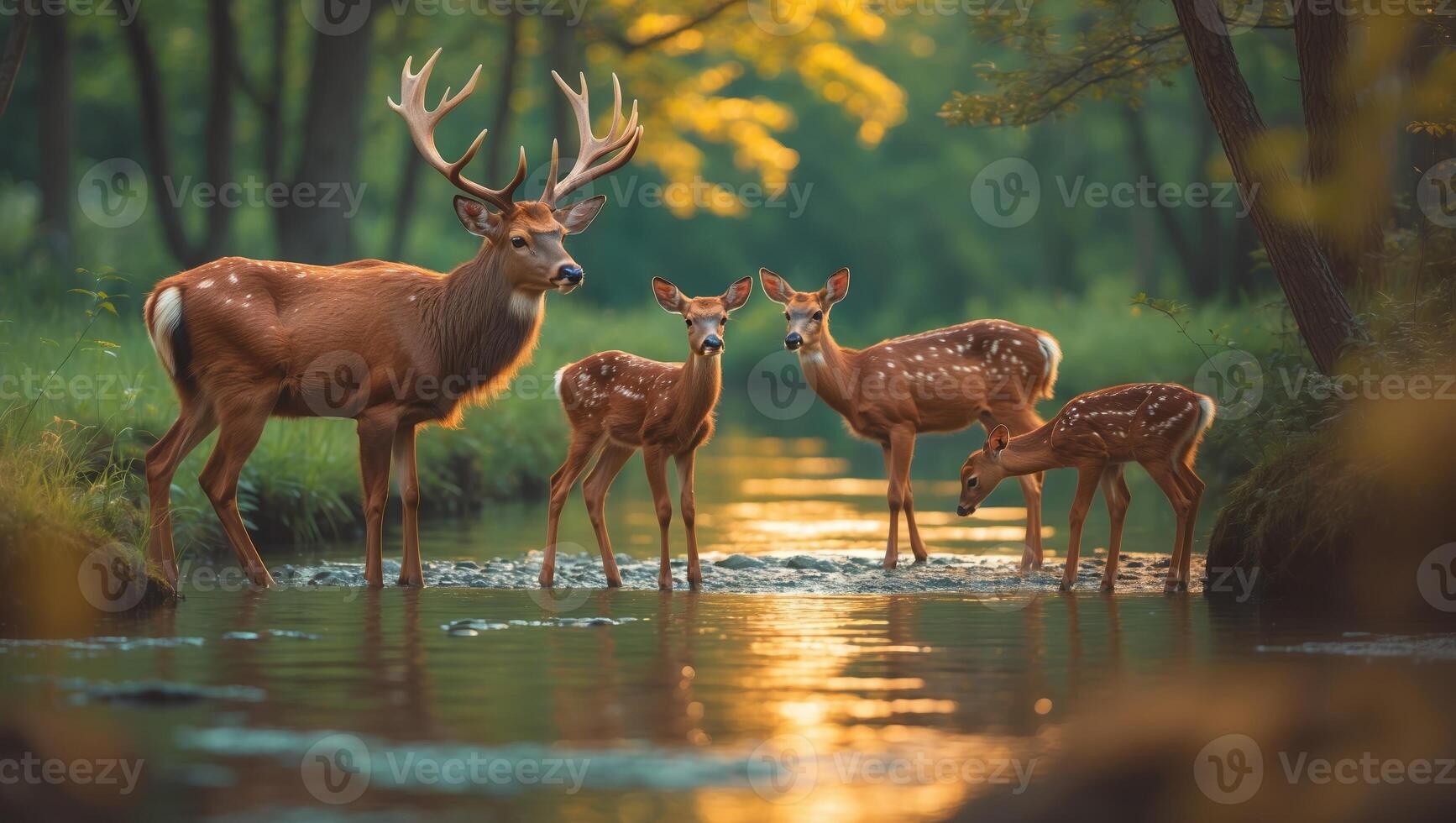 Four deer including a fawn standing in a serene stream surrounded by trees at golden hour photo