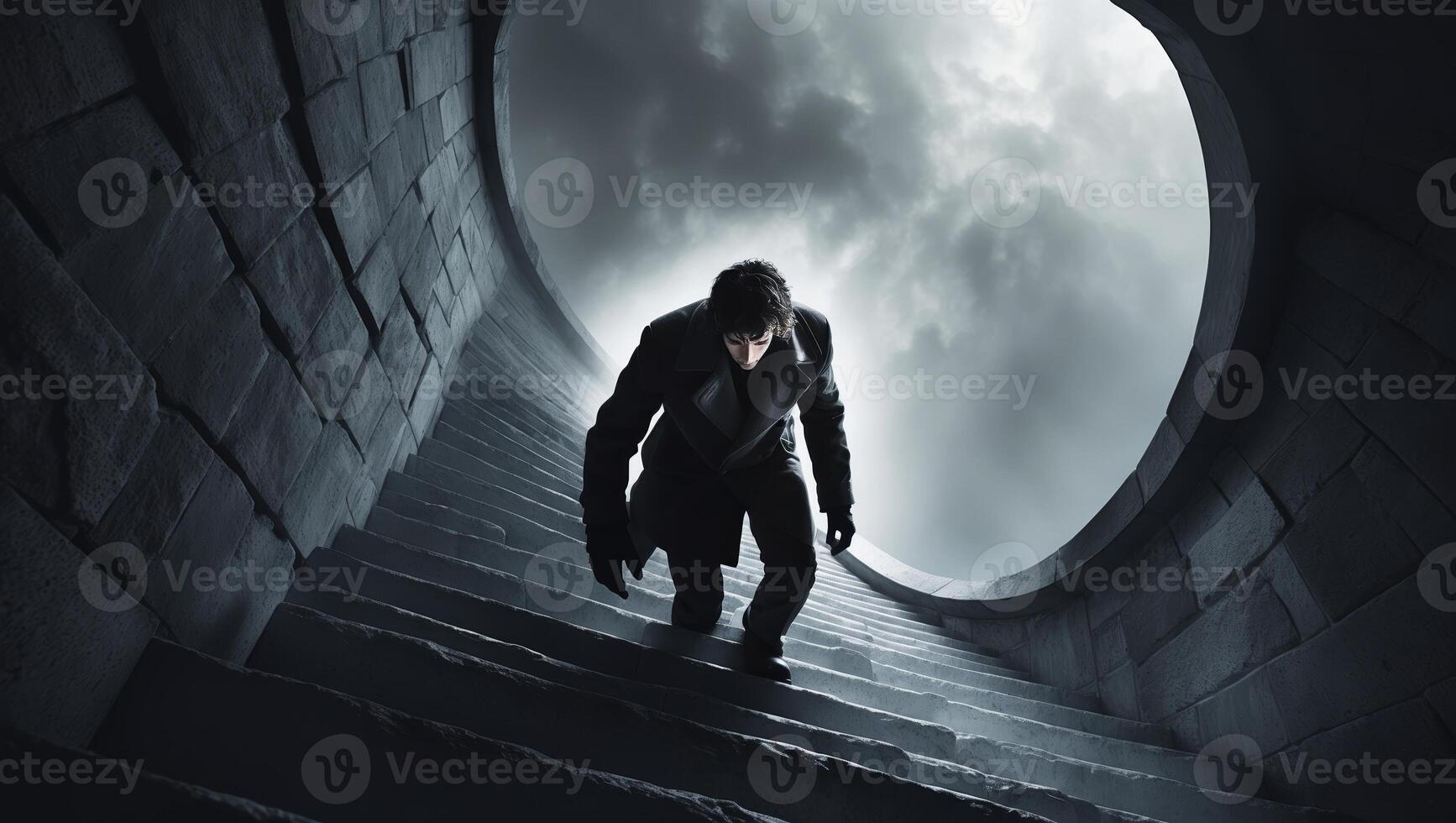 Dark figure climbing stairs beneath a stormy sky in an eerie setting during twilight photo