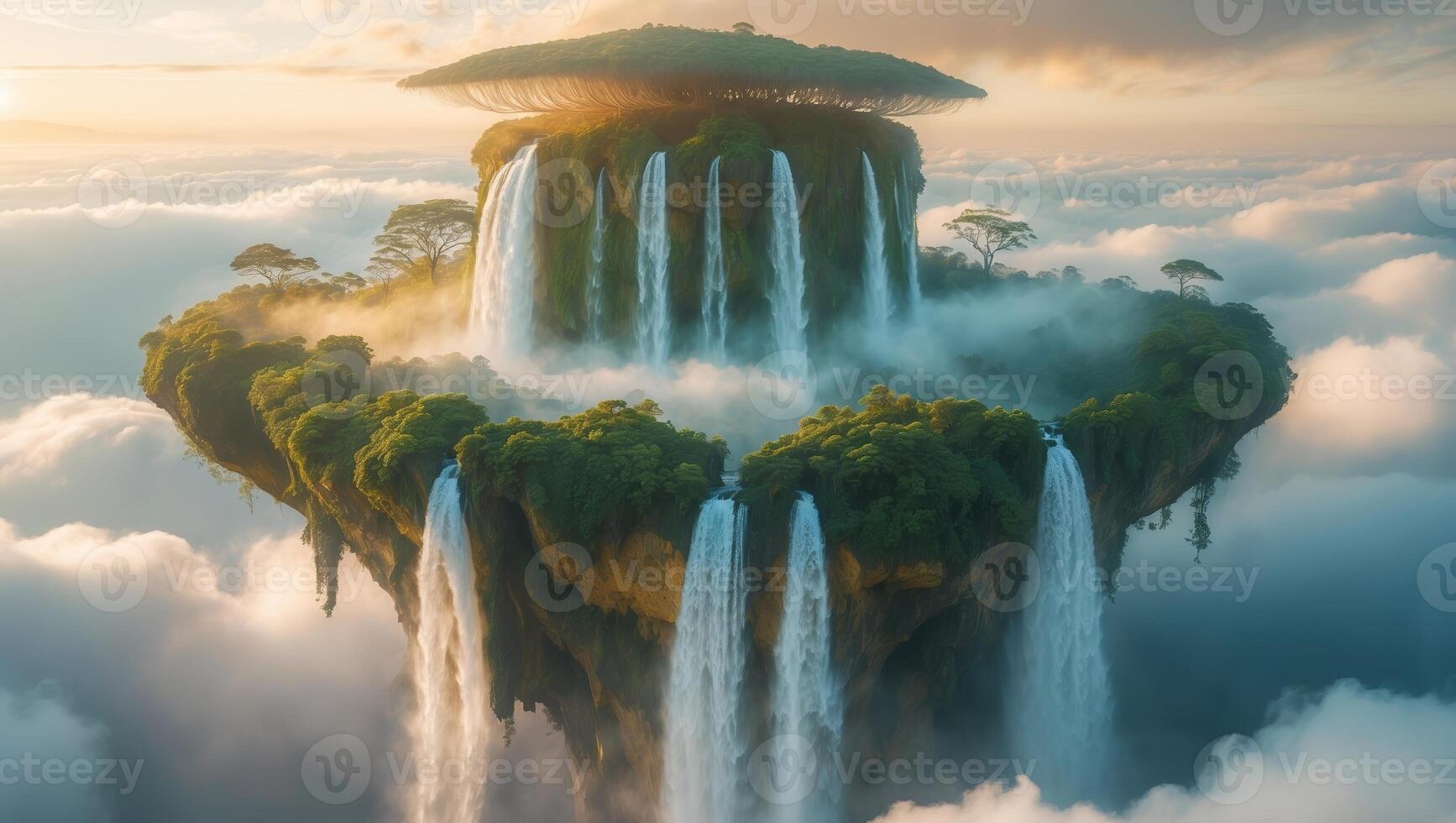 Majestic floating island with cascading waterfalls and lush vegetation above the clouds during sunrise photo