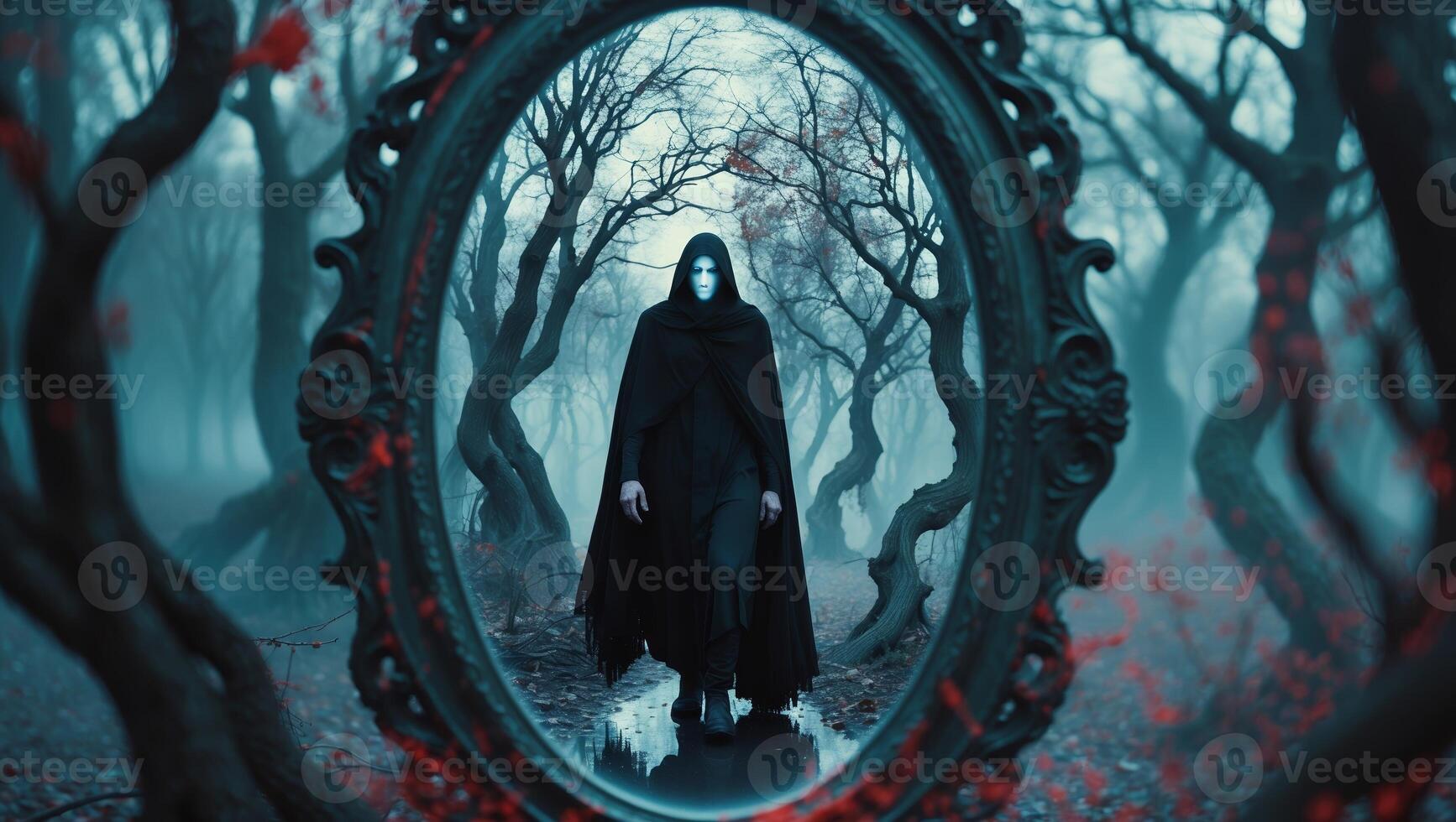 Mysterious figure emerging from a mirror cast in a dark, enchanted forest during twilight photo