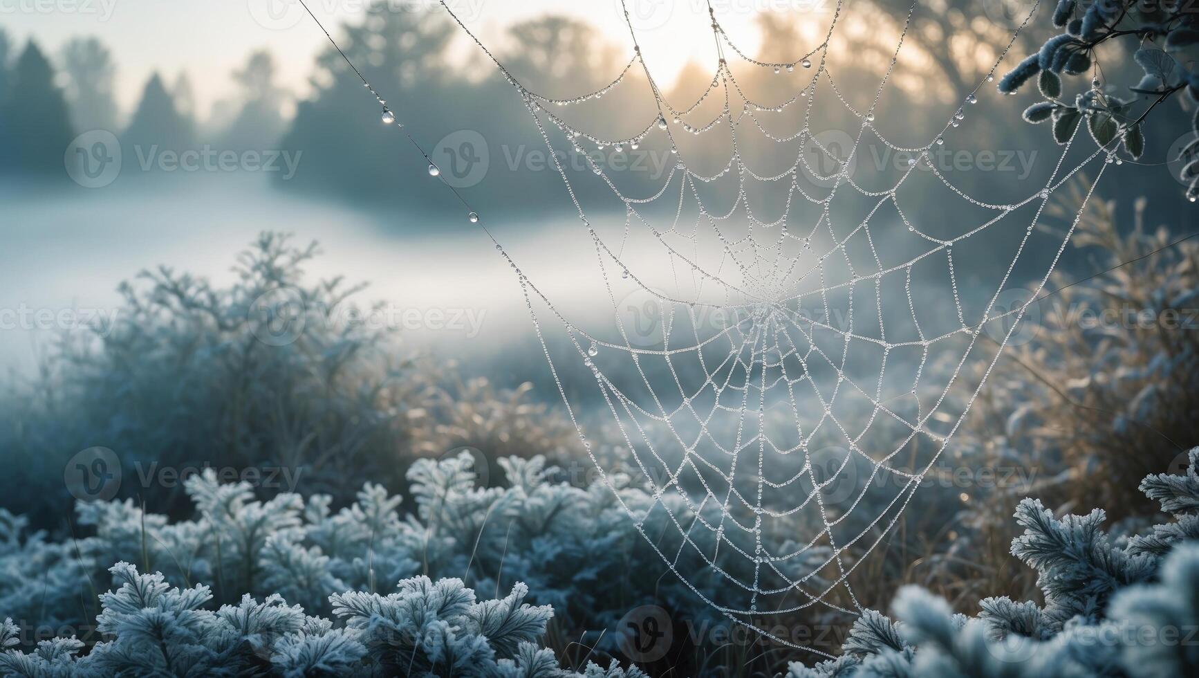 Delicate spiderweb adorned with dew in a frosty landscape during early morning light photo