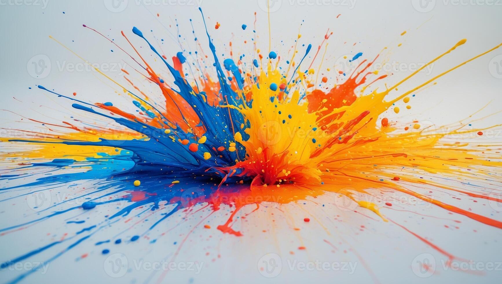 Bright colors create an explosion of vibrant paint splashes on a white background during a creative art session photo