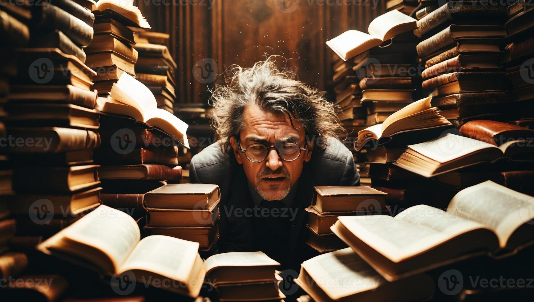 Curious researcher exploring a vast collection of ancient books in a dimly lit library photo