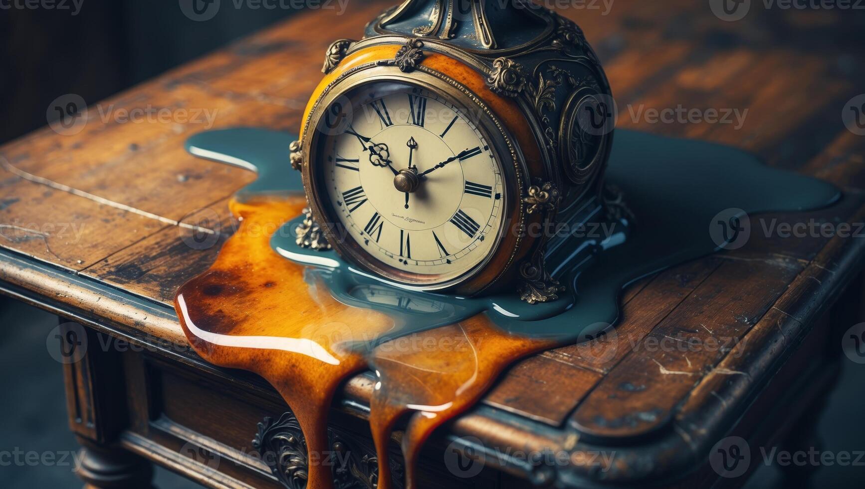 Melting clock on wooden table creates a surreal time distortion in an artistic setting photo