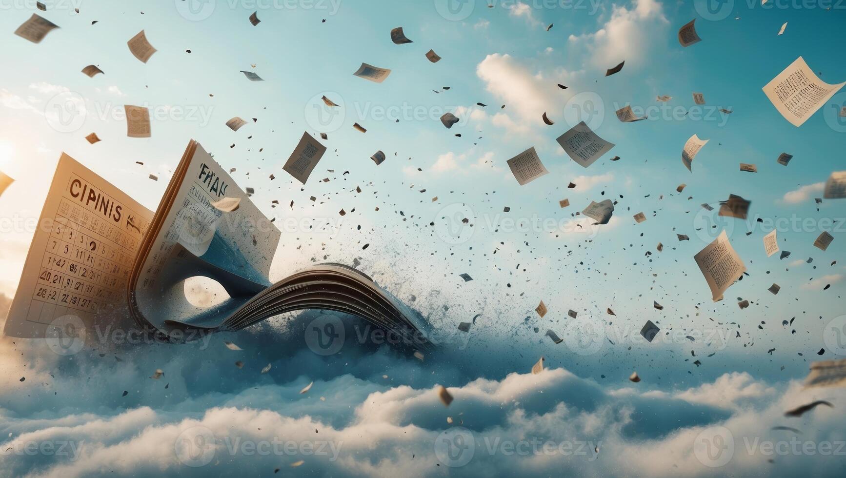 Books float amid swirling clouds under a bright blue sky in a surreal landscape of imagination and creativity photo