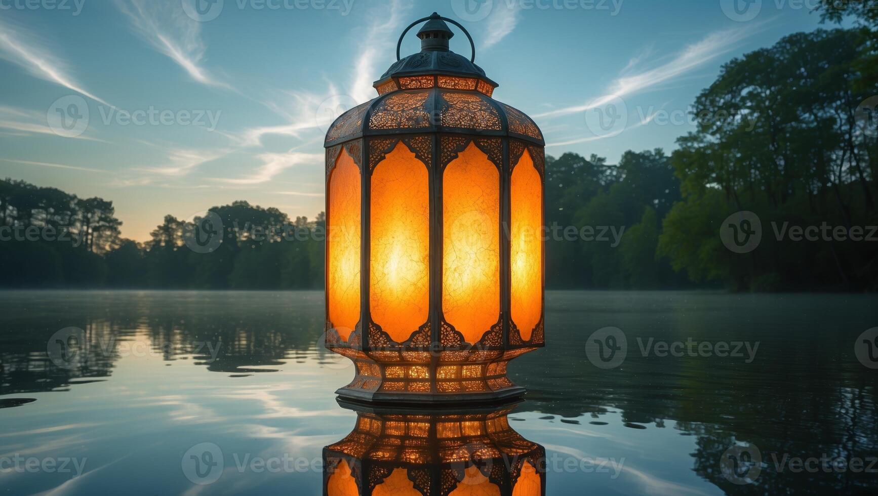 Lantern shining softly on a calm lake during the early morning hours amidst a tranquil natural setting photo
