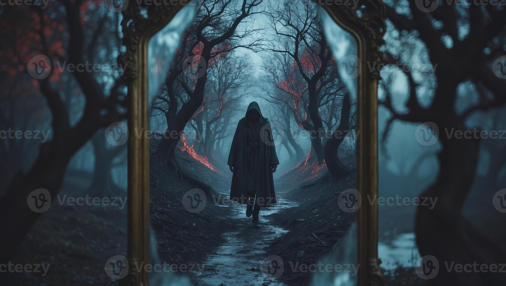 Mysterious figure walks through a dark forest reflected in an ancient mirror during twilight photo
