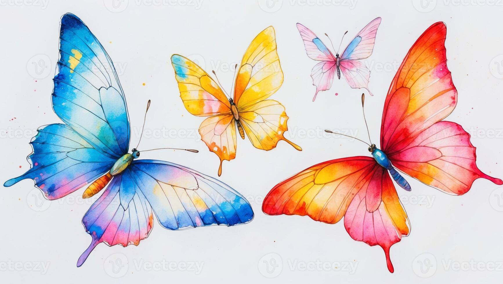 Colorful butterflies in various sizes and patterns captured in vibrant watercolor art during a sunny day photo