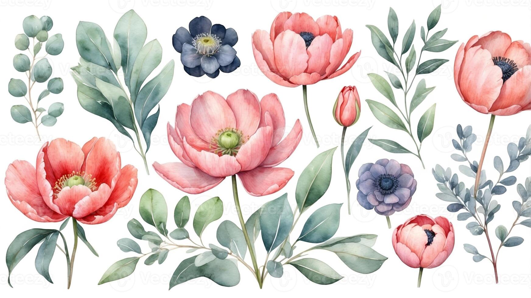 Watercolor floral composition featuring various colorful flowers and greenery on a light background photo