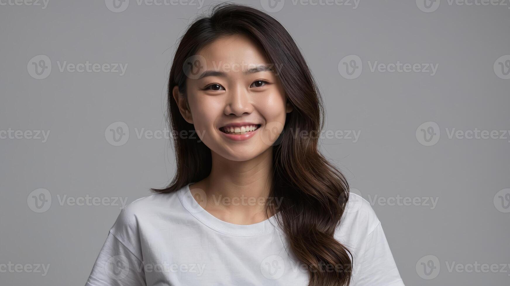 Smiling young woman with long hair poses against a neutral background during a studio photoshoot showcasing confidence and joy photo