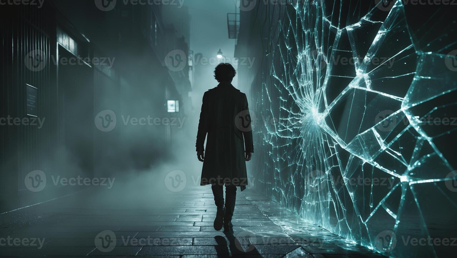 Mysterious figure walks through a foggy alley illuminated by shattered glass at night photo