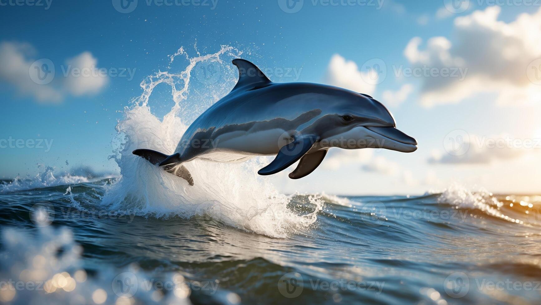 Dolphin leaps above ocean waves during sunset in a tranquil coastal environment photo