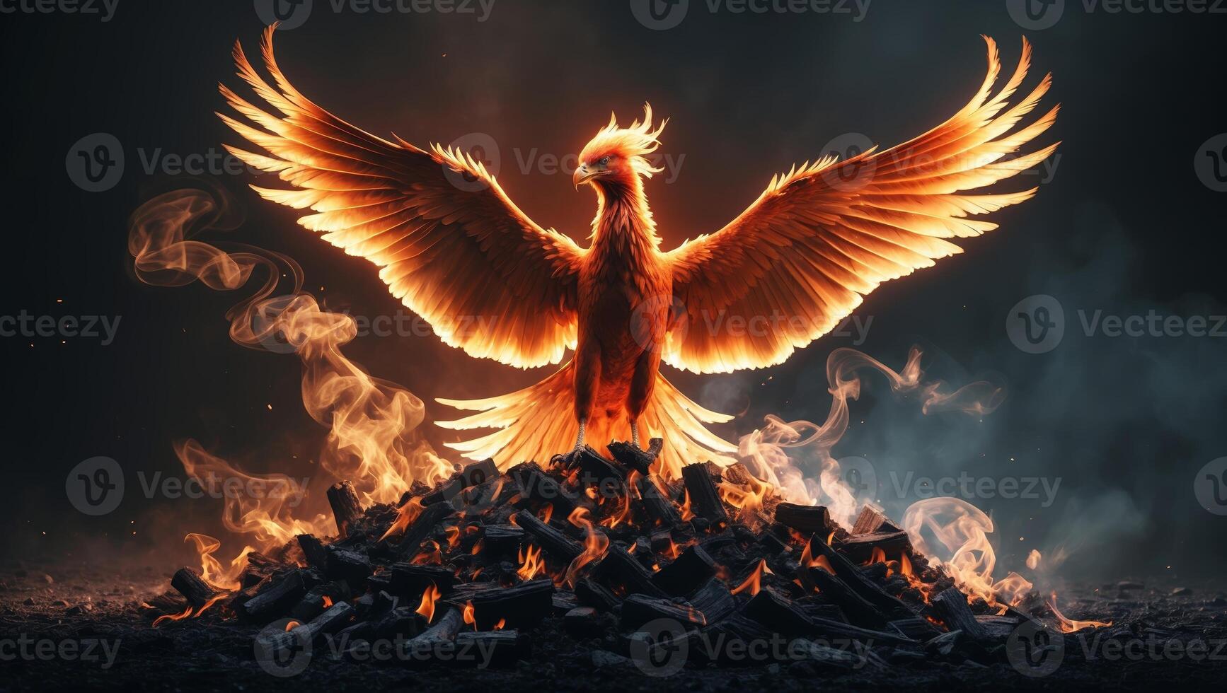 Majestic phoenix rising from ashes surrounded by flames and smoke in a dark setting photo