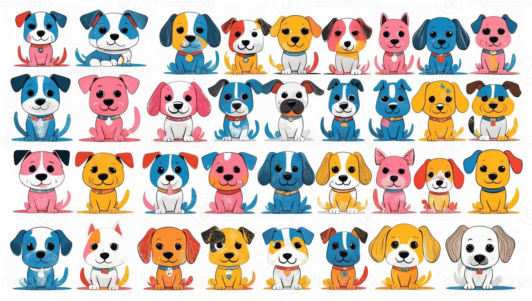 Colorful collection of playful cartoon dogs in various breeds and poses in a cheerful arrangement photo
