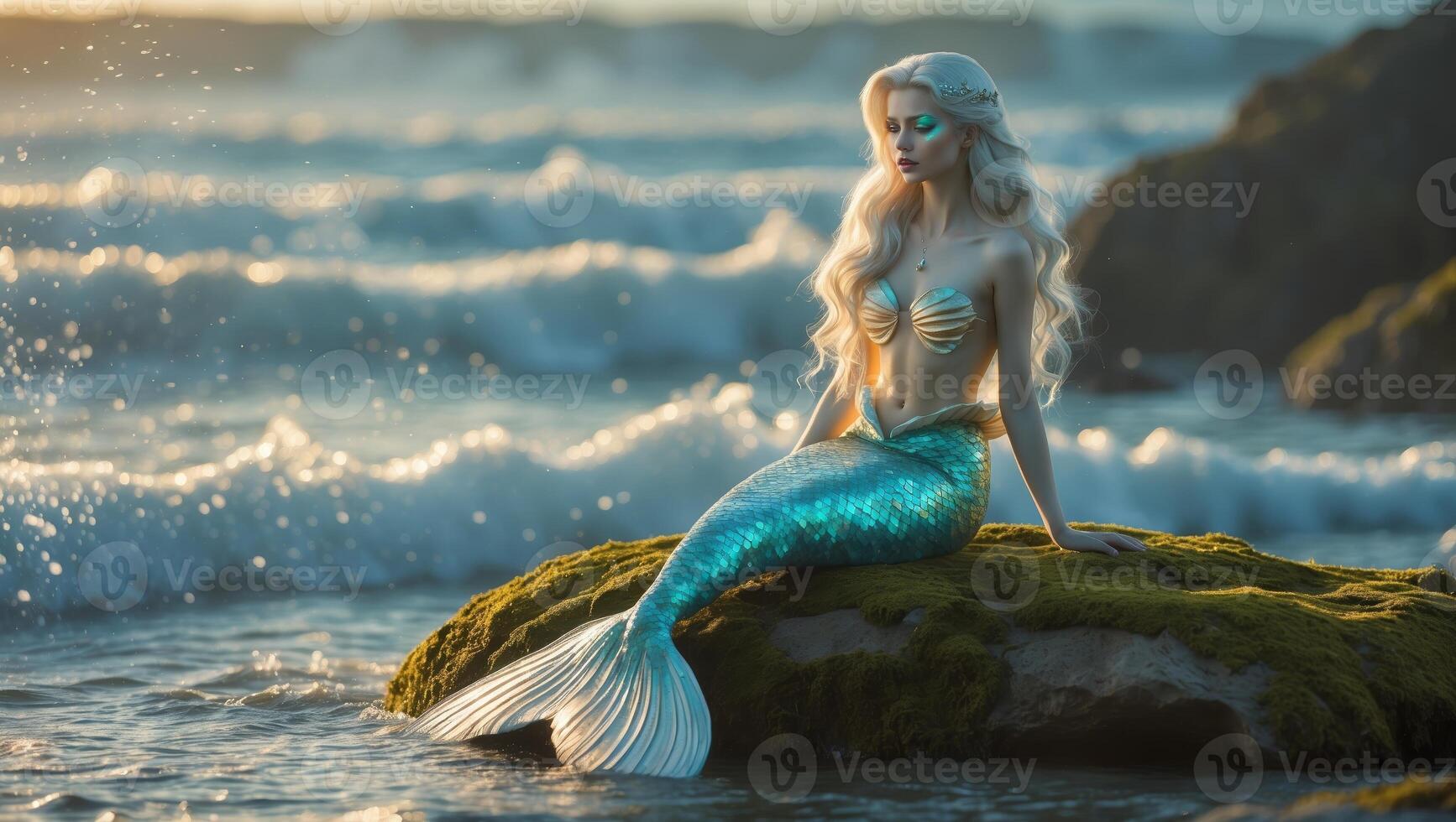 Mermaid sitting on rocks by the ocean during sunrise with gentle waves crashing in photo