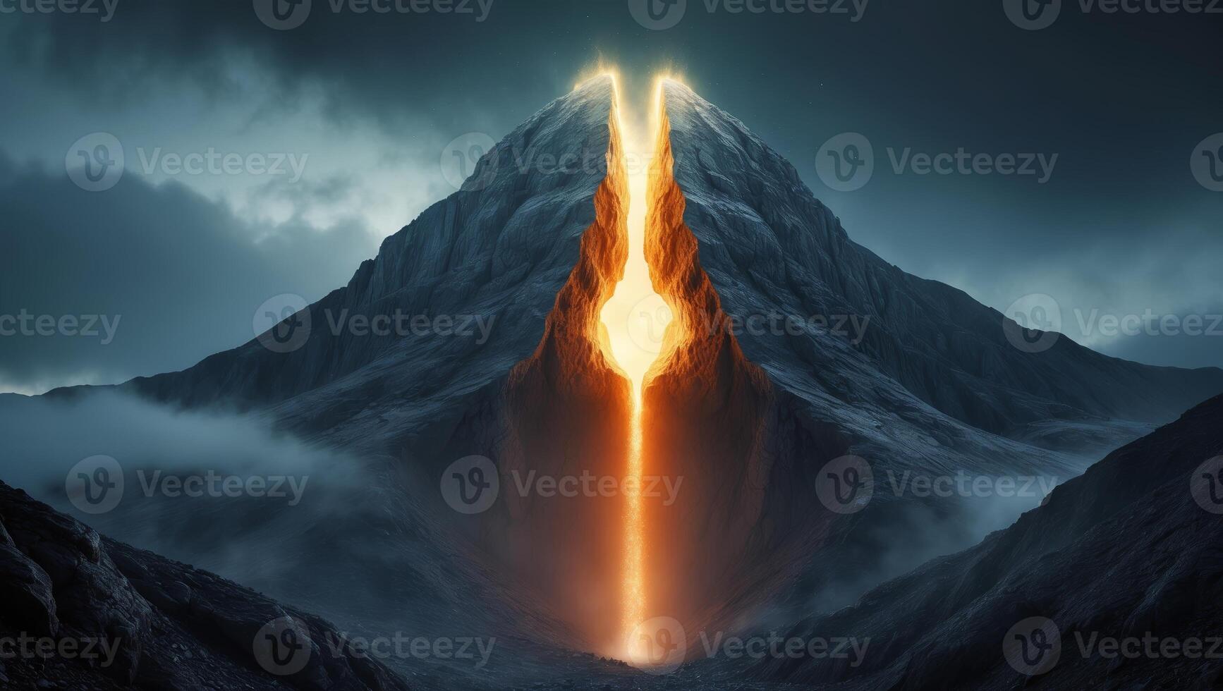 Majestic volcanic eruption illuminates the night sky with fiery lava cascading down the mountain in a breathtaking display of nature's power photo