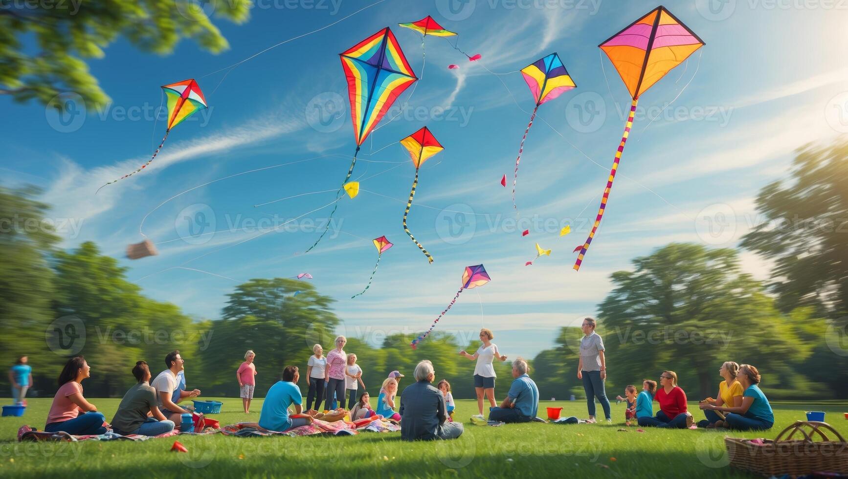 Families and friends gather in a park to enjoy a day of kite flying and picnicking amidst clear blue skies in spring photo