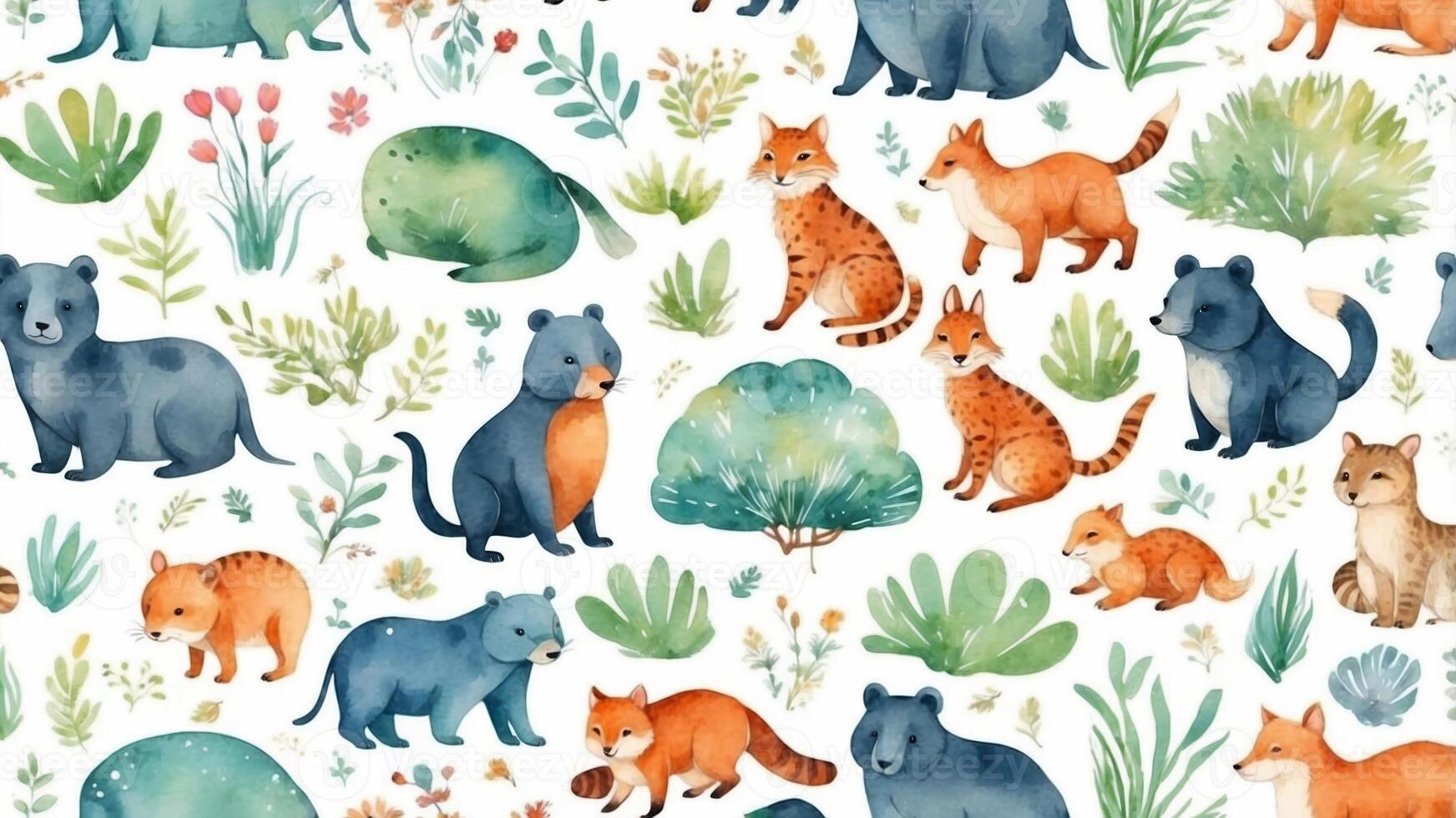 Colorful watercolor wildlife pattern featuring various animals and lush foliage in a playful arrangement photo