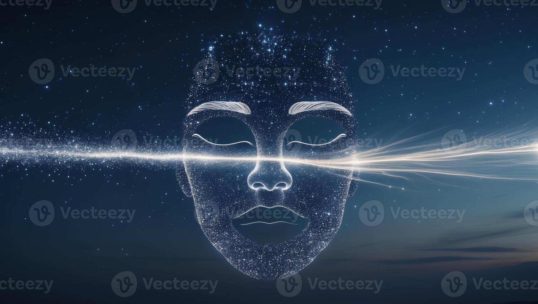 Cosmic artwork depicting a serene face with a starry background and radiant energy flowing through the center photo