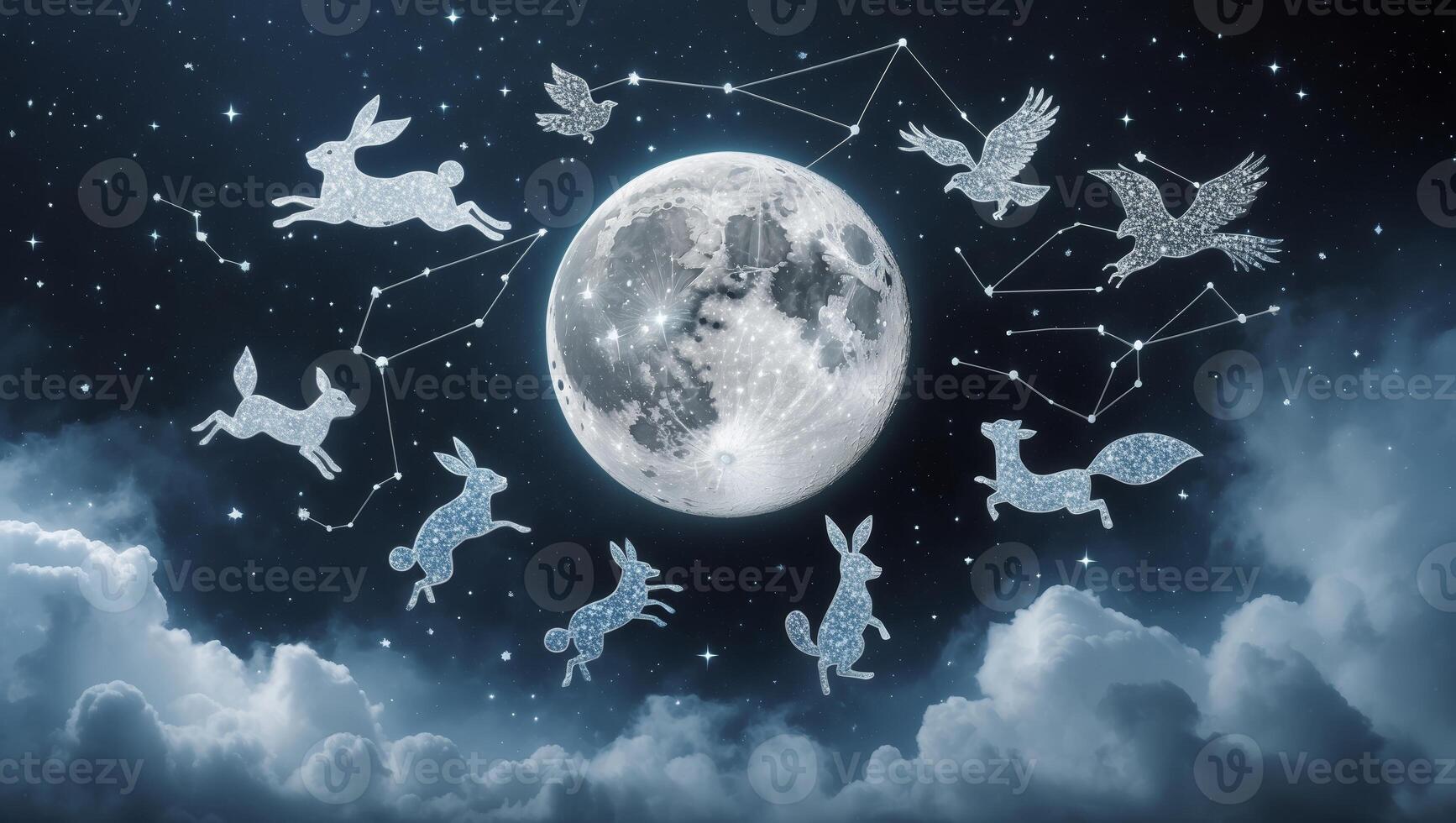 Night sky filled with constellations and a large moon casting a mystical ambiance photo