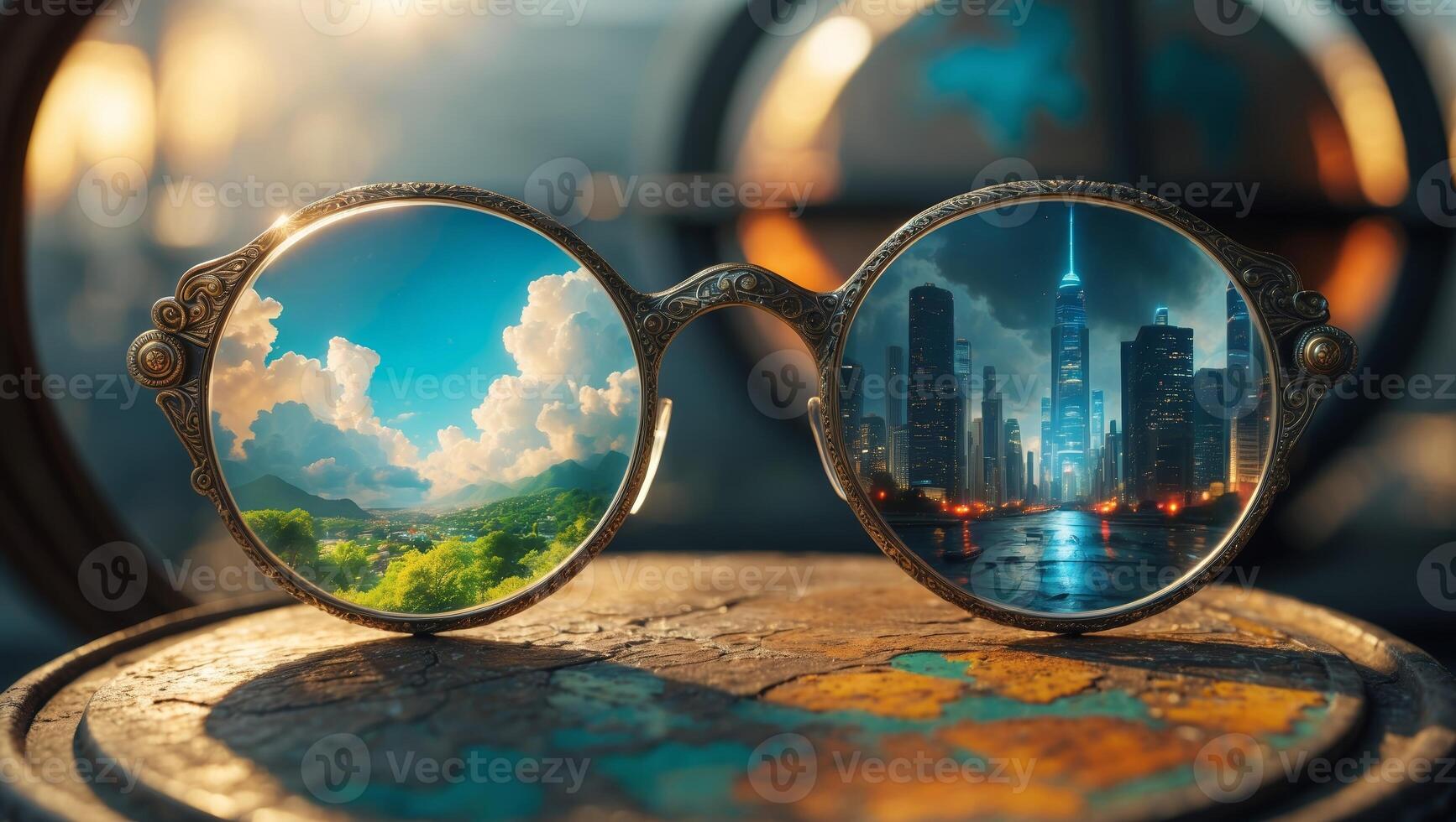 Creative contrast between nature and urban environment through unique glasses displaying mountains and a city skyline photo
