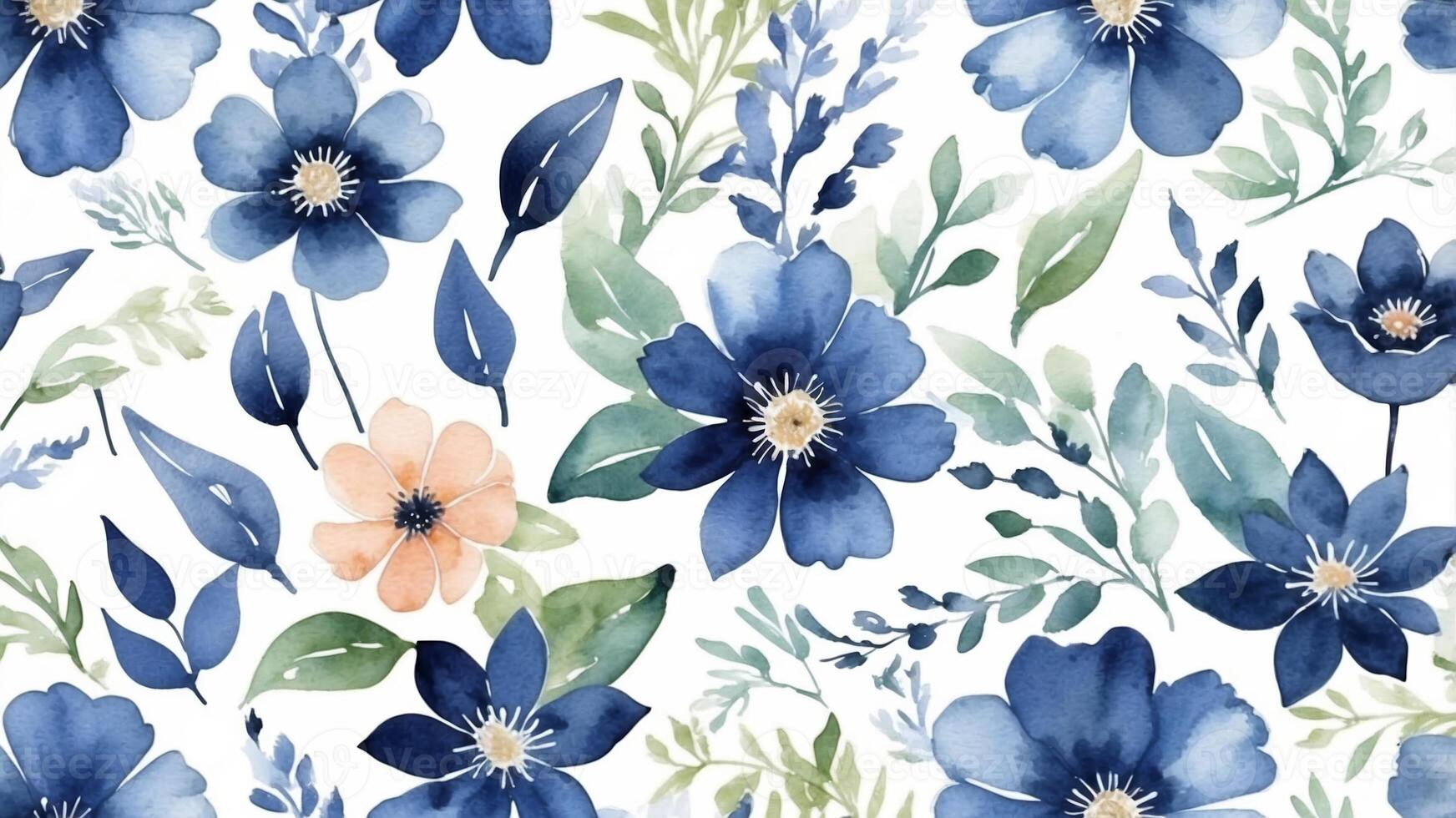 Beautiful floral pattern featuring blue and green watercolor flowers with a touch of peach accent on a light background photo