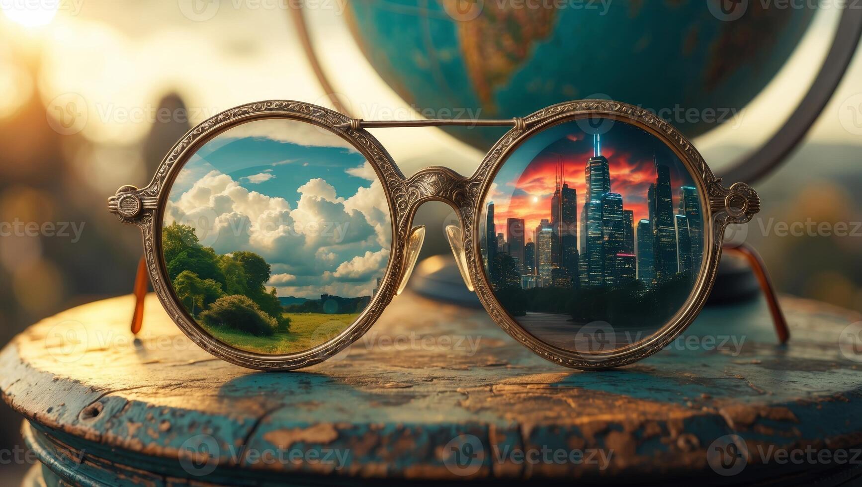 Creative juxtaposition of nature and urban life shown through vintage glasses on a rustic table photo