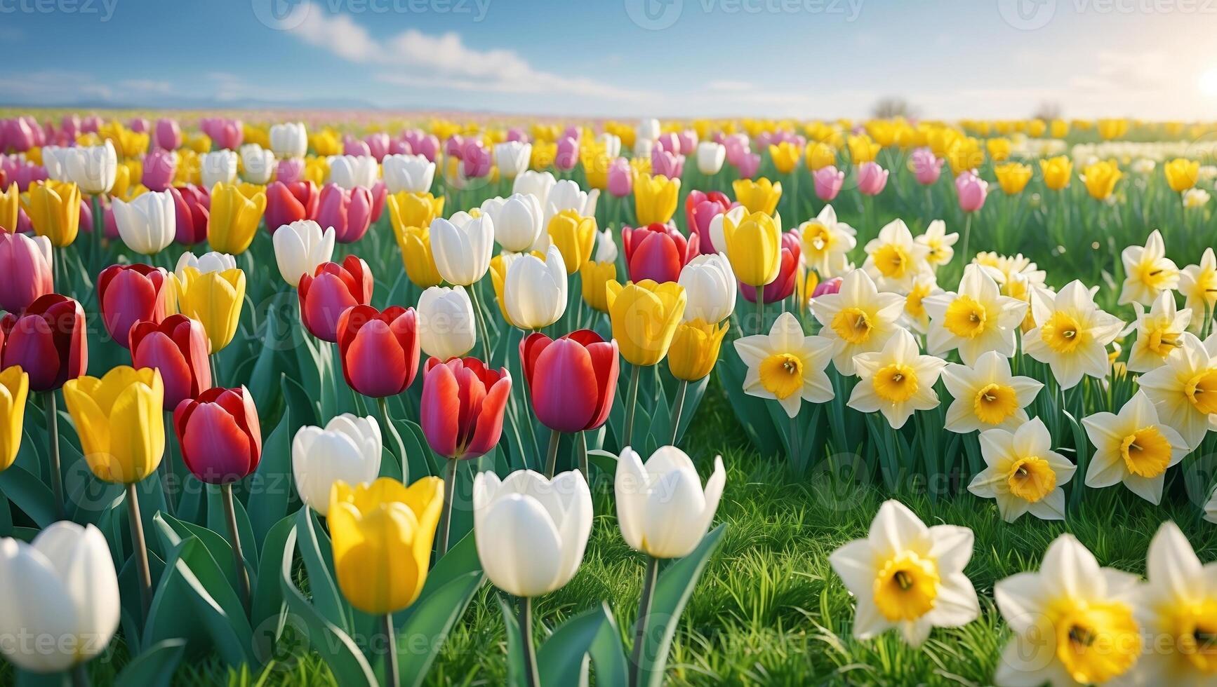 Colorful tulip and daffodil field in full bloom during a sunny spring day photo