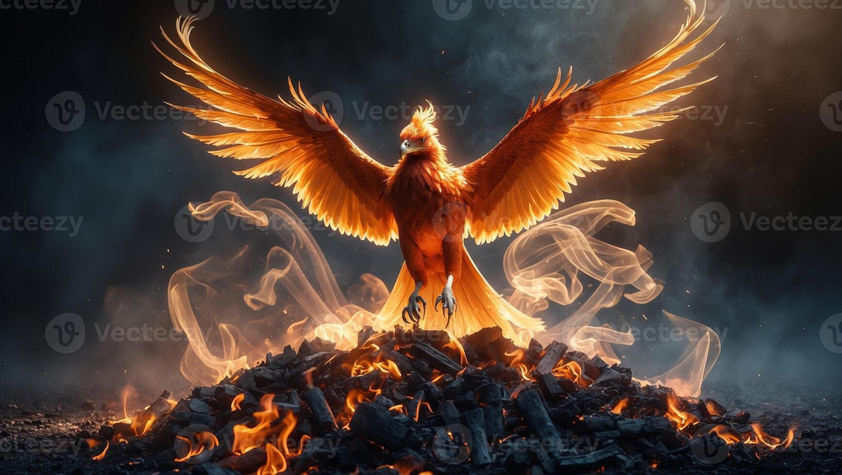 Majestic phoenix rises in flames, symbolizing rebirth and eternal strength against a mystical dark background photo