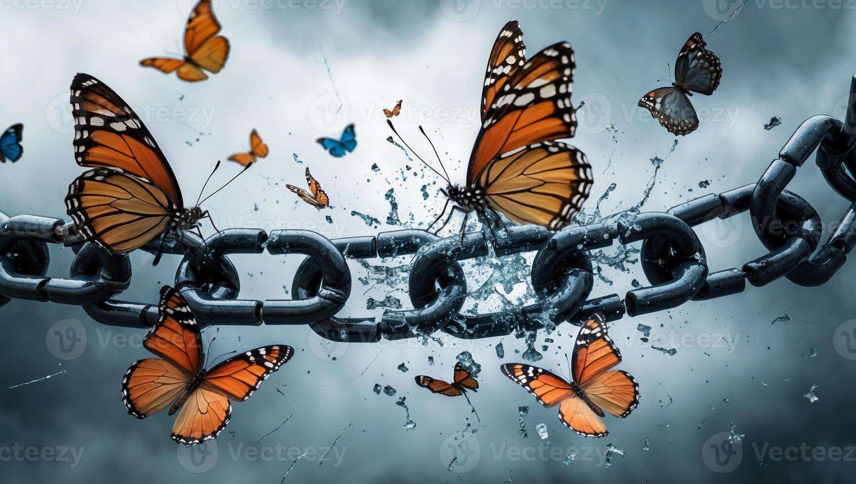 Breaking chains as butterflies emerge in a dark forest environment during twilight hours photo