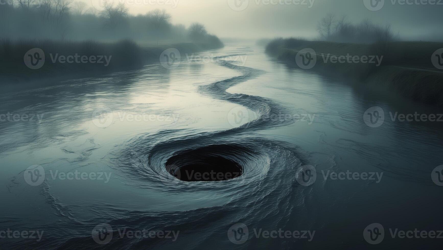Mysterious dark vortex emerges from a serene river during the twilight hours photo