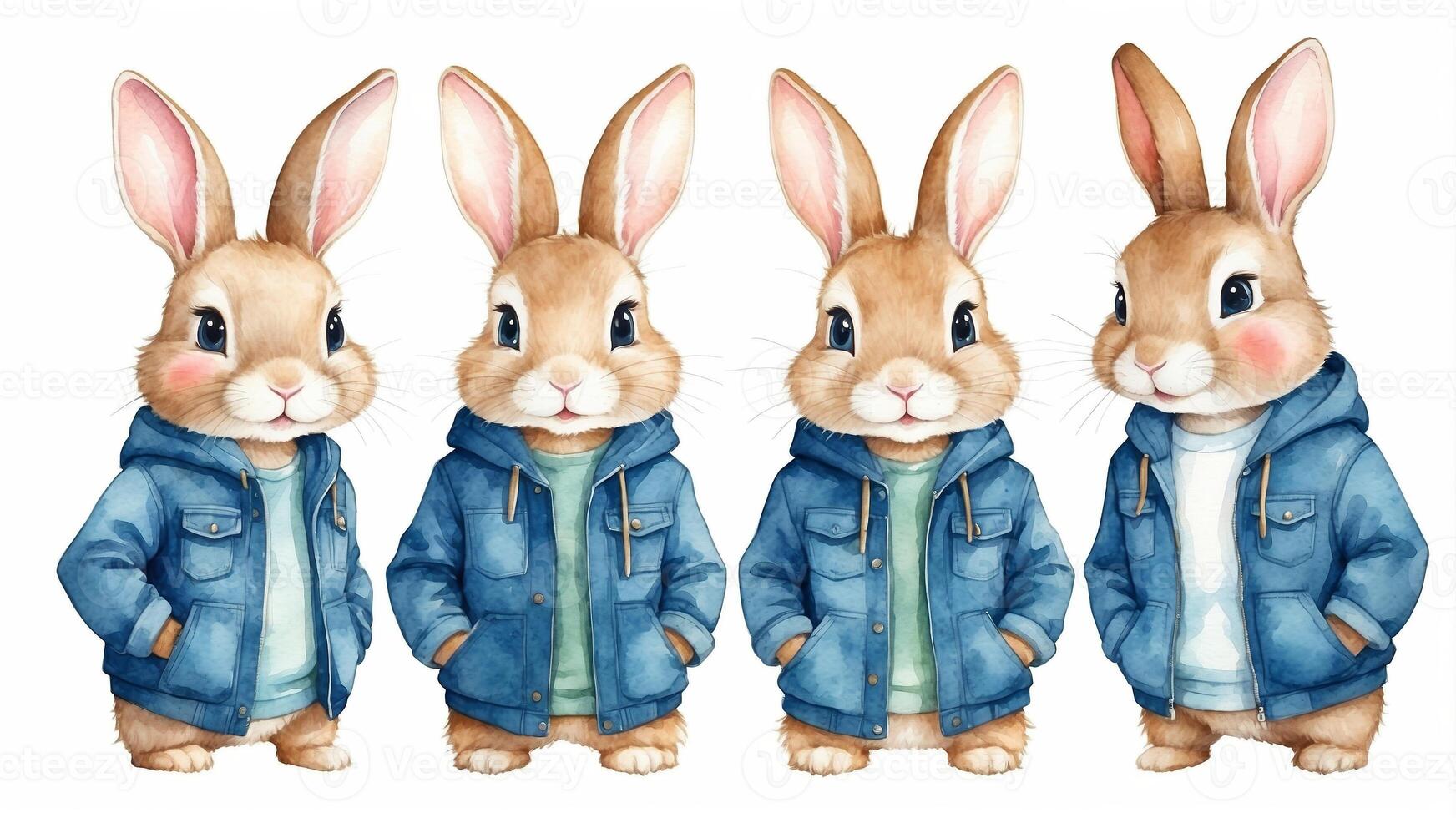 Cute cartoon rabbits in stylish denim jackets showcase different poses and expressions in a playful illustration photo