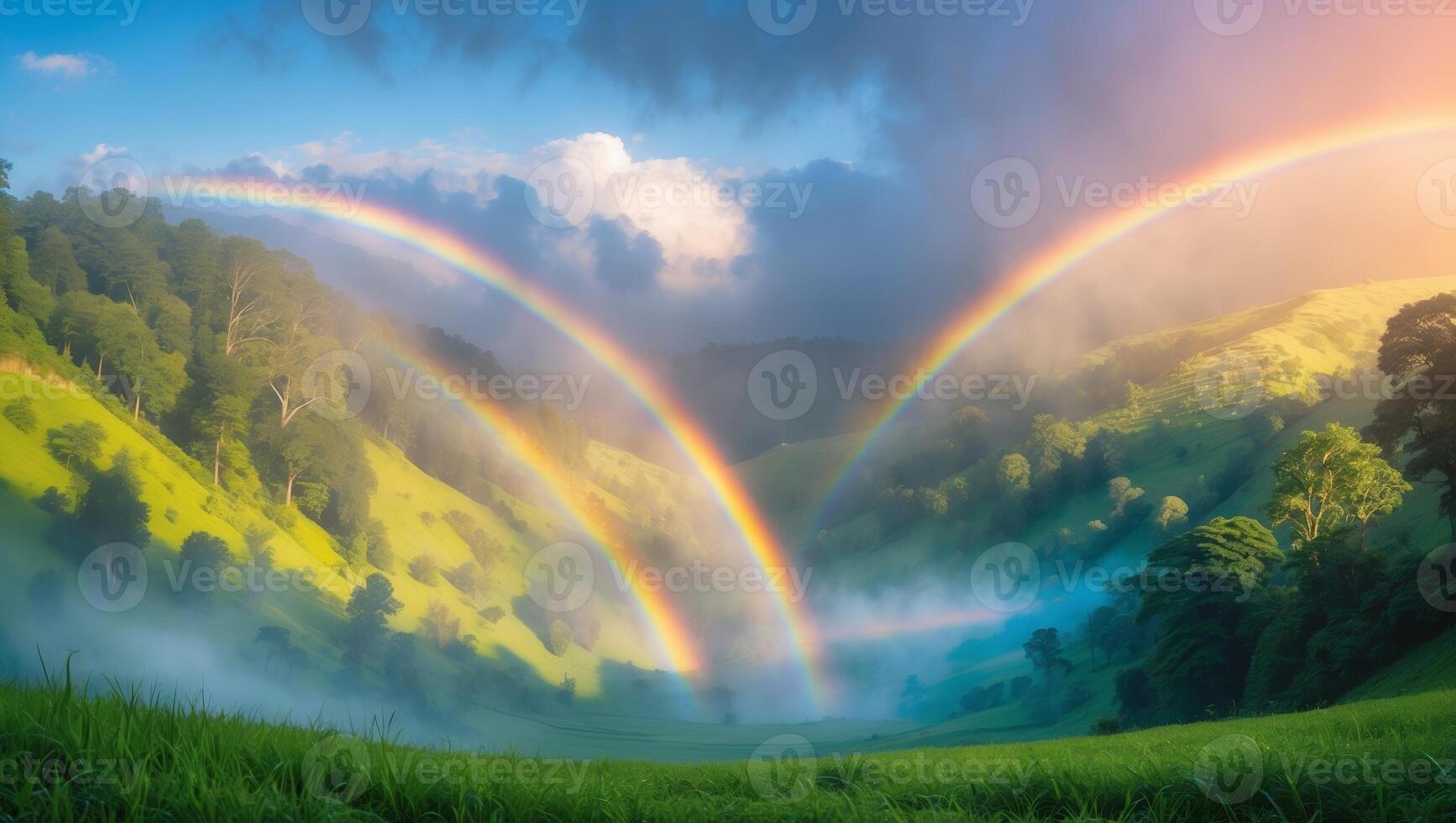 Majestic double rainbow arches over lush green hills and misty valley under a bright sky at dawn photo
