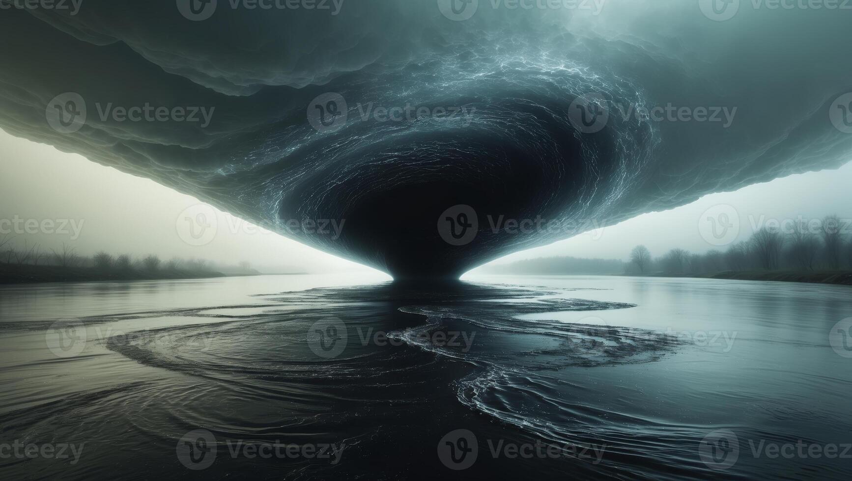 Mysterious dark vortex emerges from a serene river during the twilight hours photo