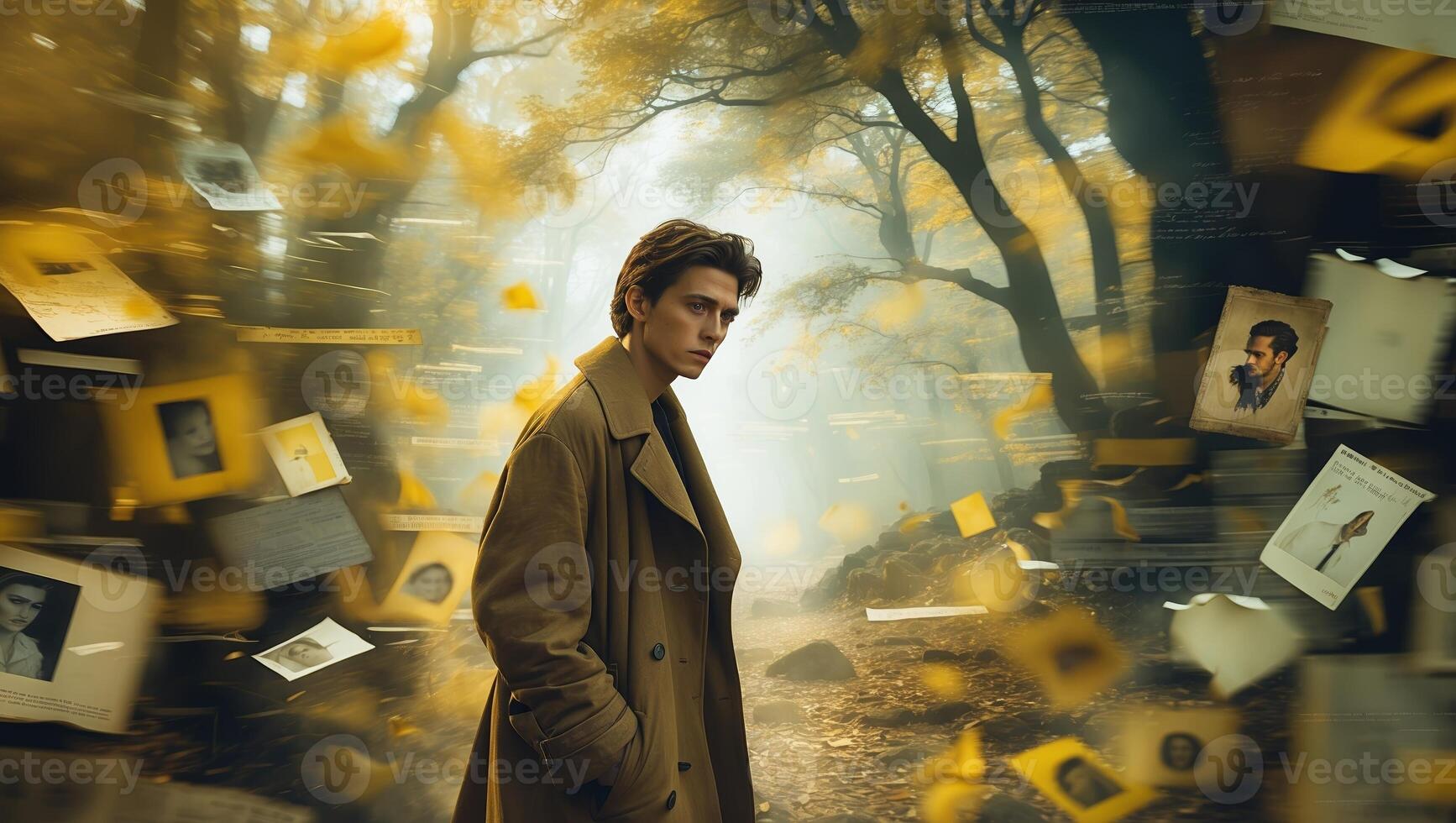 Mysterious figure stands in a foggy forest surrounded by floating photographs and glowing lights at dusk photo