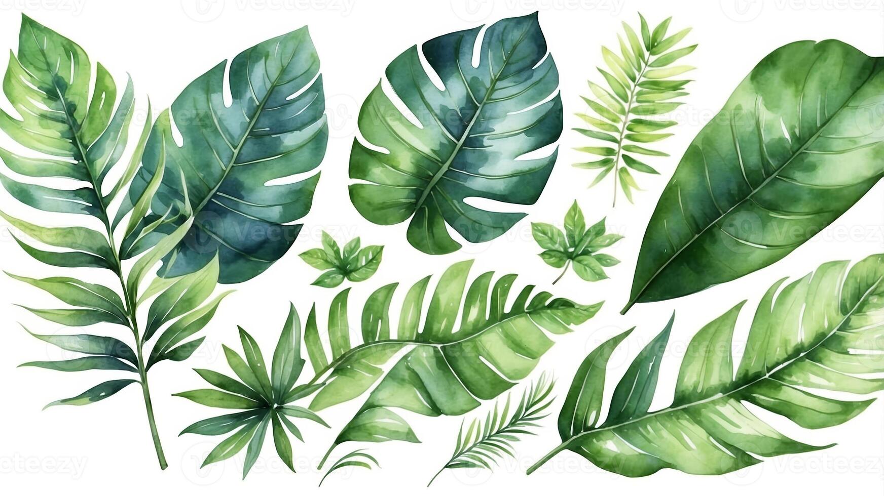 Vibrant tropical leaves illustrated with various shades of green showcasing nature's beauty in a serene setting photo