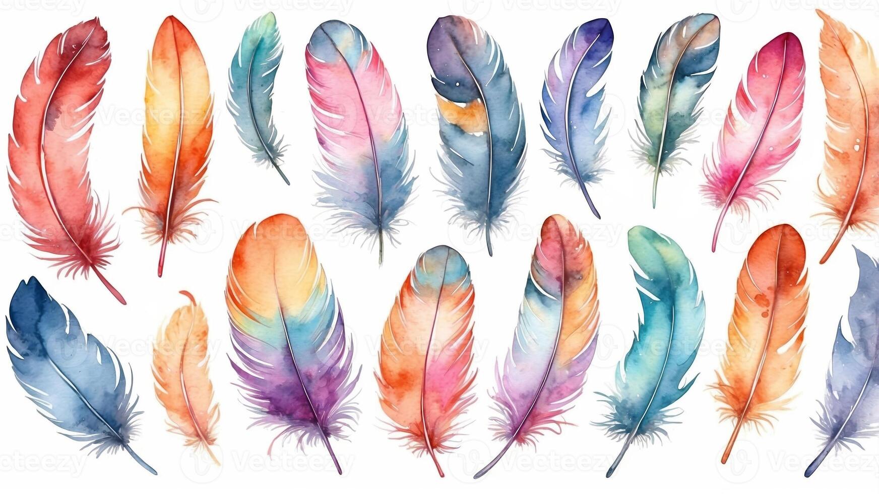 Colorful watercolor feathers arranged in an artistic pattern showcasing vibrant hues and delicate details photo