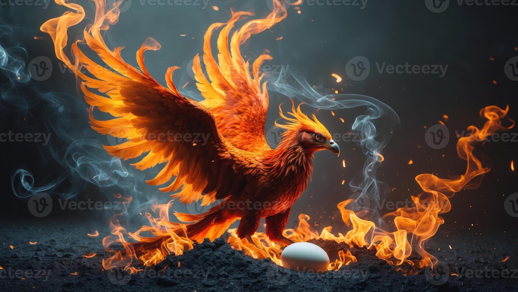 Majestic phoenix rises in flames, symbolizing rebirth and eternal strength against a mystical dark background photo