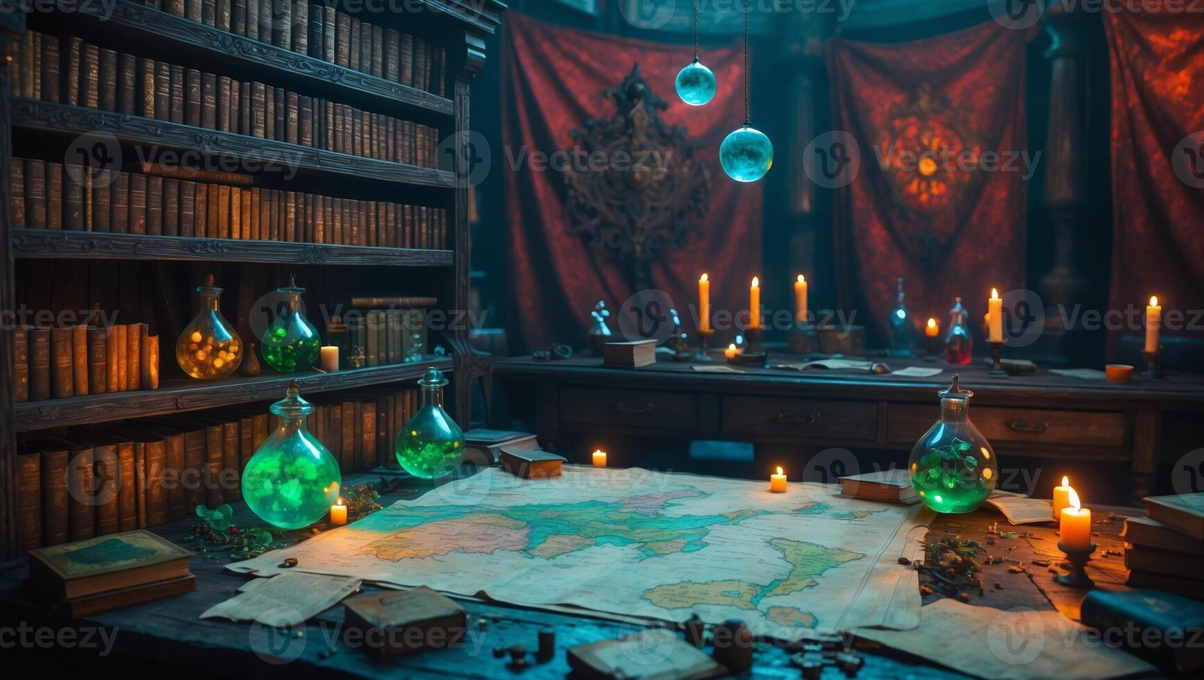 Mysterious alchemy lab filled with colorful potions and ancient books in a dimly lit space photo