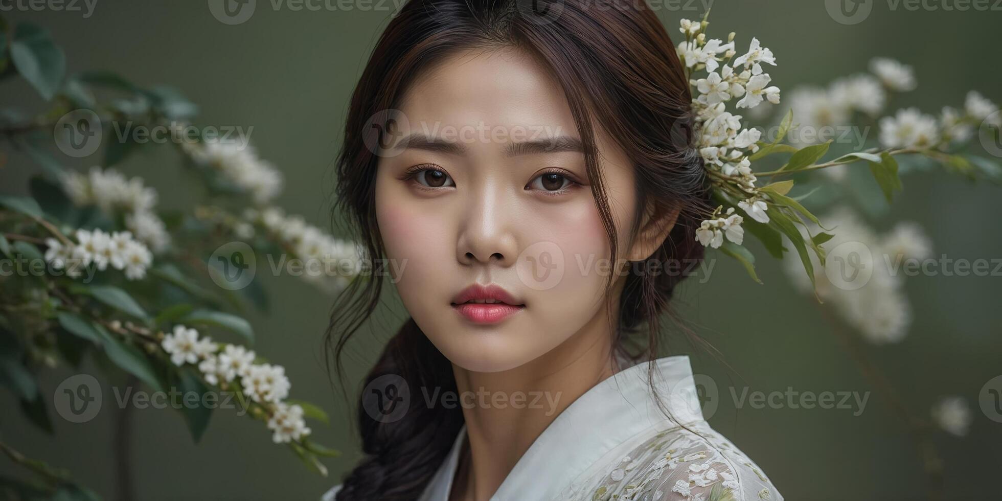 Portrait of a woman surrounded by flowers in a serene outdoor setting during a soft daylight hour photo