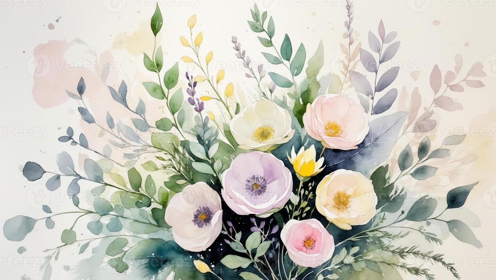 Colorful watercolor floral arrangement with soft pastels and detailed foliage in a delicate composition photo