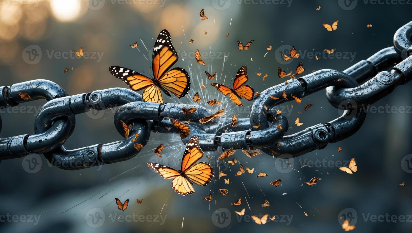 Breaking chains as butterflies emerge in a dark forest environment during twilight hours photo