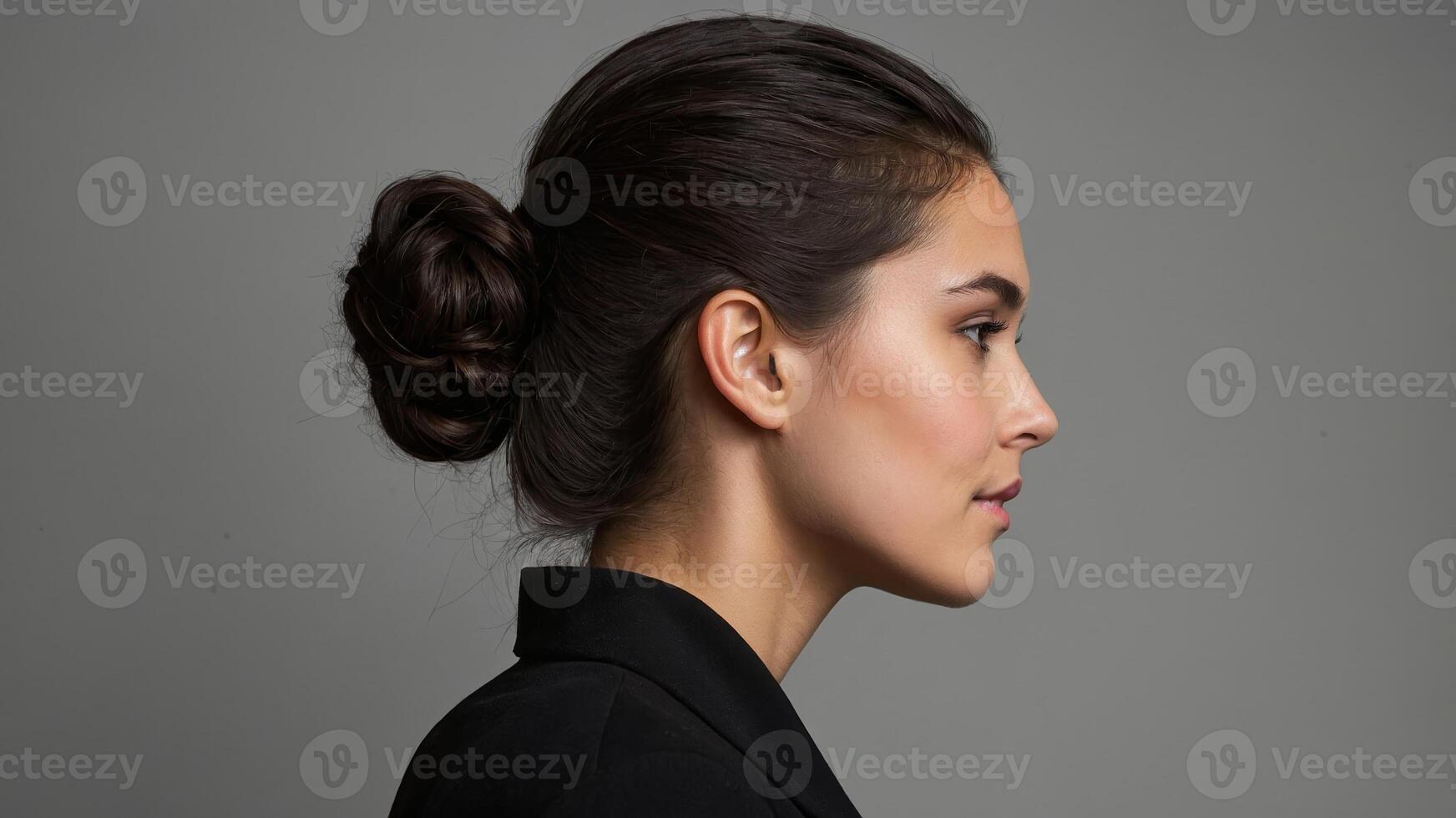 Profile view of young woman with elegant bun hairstyle and professional attire against gray background photo
