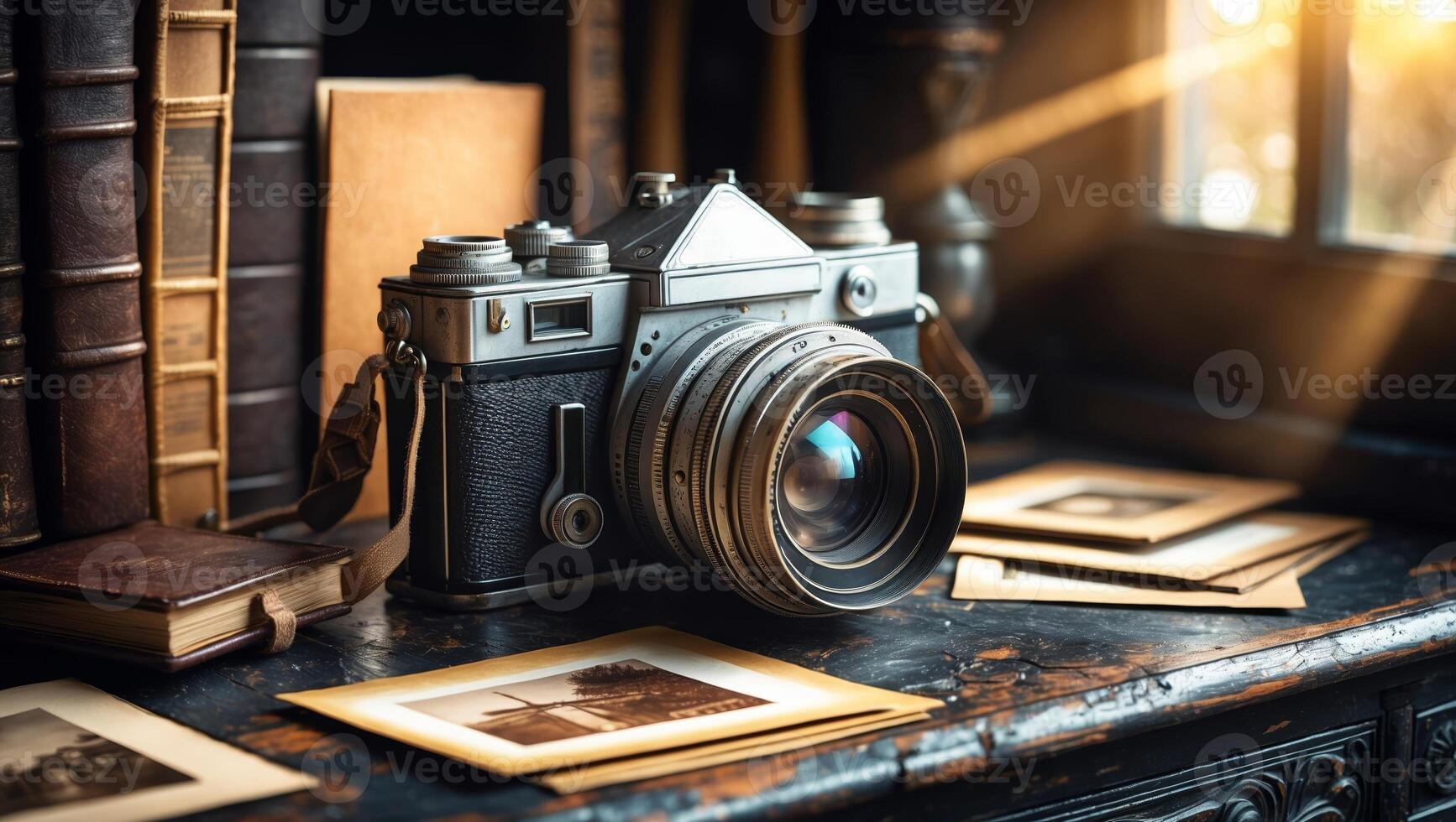 Vintage camera on a wooden table surrounded by old books and photographs in warm sunlight photo